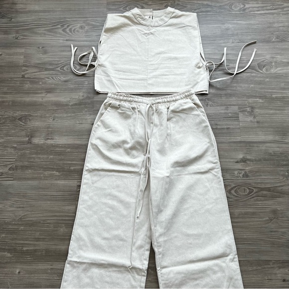 Linen Two Piece Crop Tank Wide Leg Pants Set - Picture 6 of 8